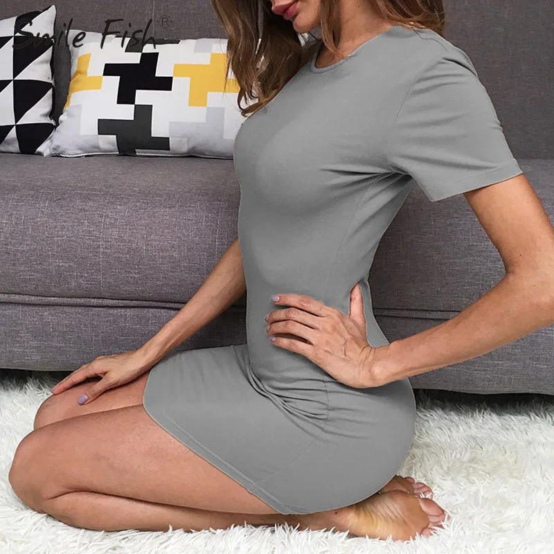 O-Neck Short Sleeve Sundress Sexy Solid Side Split Mini Dress Women Bodycon Irregular Fashion Bandage Hip Balck Club GV224 | Женская