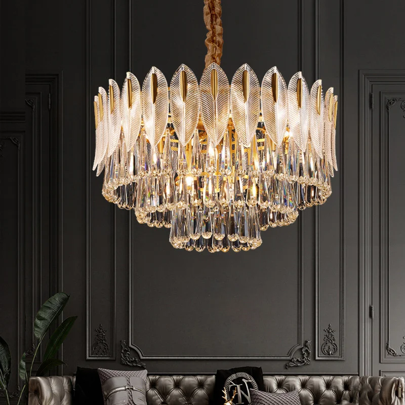 

Chandeliers Lights LED Luxury Crystal Living Room Glass Leaf Shape Dining Room Round Bedroom Fashionable New Lamp Pendant Lamp