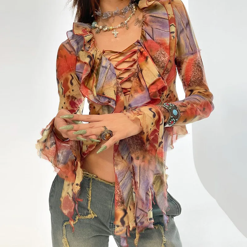 

Женская блузка с длинным рукавом, V-образным вырезом и оборками