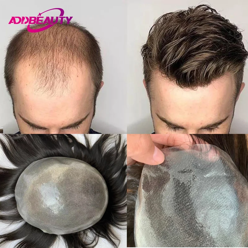 Тонкая кожа мужские парики из натуральных волос системный блок полный PU 0 03-0 04 мм