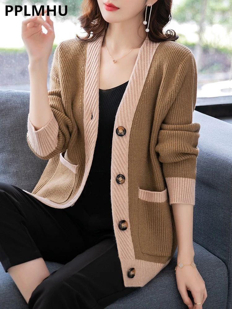 

Elegant Mom Sweater Jacekts Casual Loose Korean Knit Cardigan Coats New Women Fall Winter Knitwear Gilet Single Breasted Tops