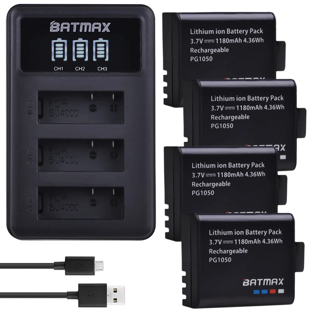 Аккумулятор Batmax 4x1180 мАч PG 1050 для SJCAM sj4000 eken H9 GIT-LB101/AKASO/Campark/APEMAN/DBPOWER/WiMiUS/Brave +