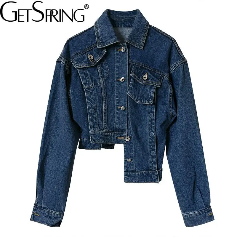 

GetSpring Women Denim Coat Asymmetric Hem Short Ladies Jean Jacket Full Sleeve Loose Casual Female Denim Tops Spring Autumn 2022