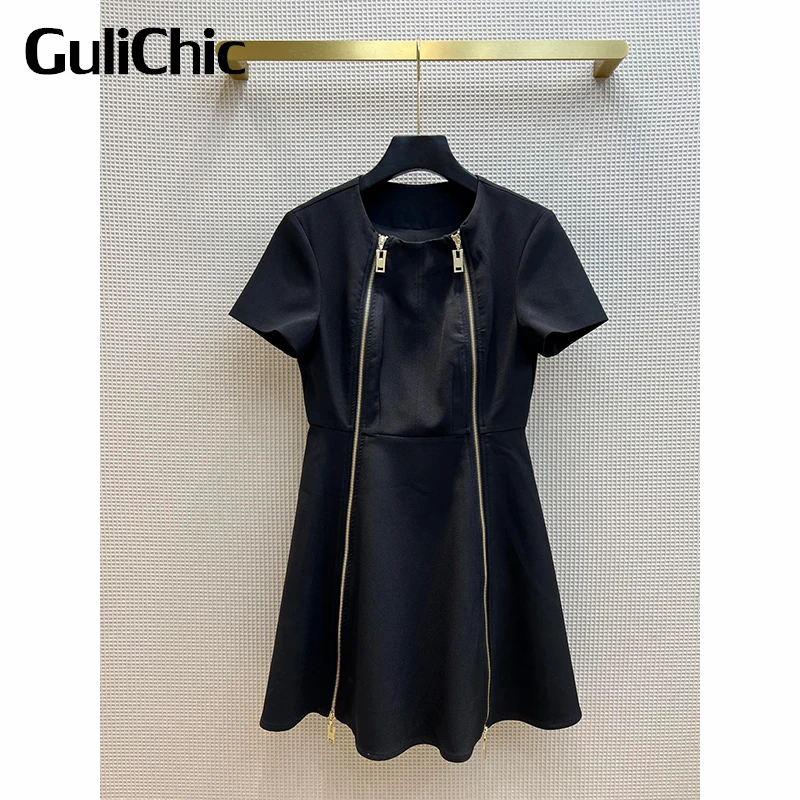 

Женское черное мини-платье GuliChic с круглым вырезом и коротким рукавом, с двойной молнией и присборенной талией, 3,8