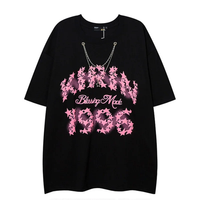 

O Neck Short Sleeve Loose Casual Unisex Tops Y2k Clothes Summer Korean Chic Tees Letter Star Print Design Sense Women T-shirts