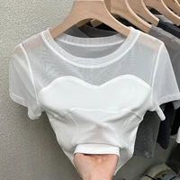pure chic sexy mesh stitching fake two piece top women summer short sleeve t shirt