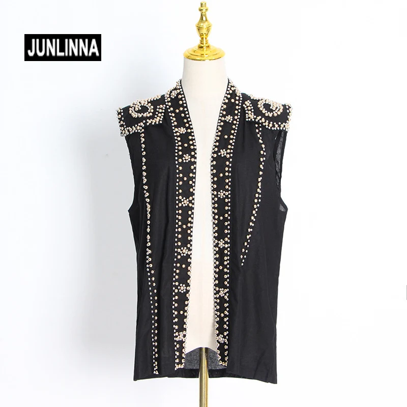 

JUNLINNA Street Fashion Women Outwear Open Stitch Beading Elegant Tank Autumn Thin Coat