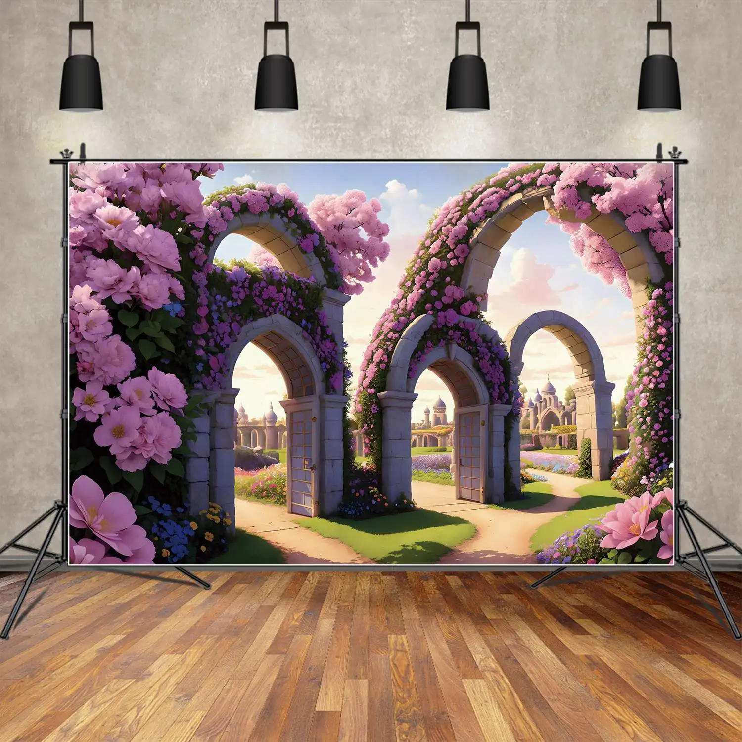 

Pink Floral Flowers Party Wall Backdrop Photo Booth Spring Arch Door Wall Castles Photoshoot Backgrounds for Birthday Holiday.