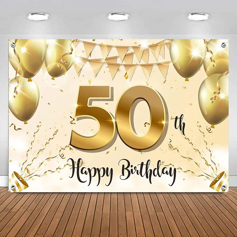 

Happy 50th Birthday Banner Backdrop Decorations Party Supplies for Women men black Gold balloon Photography Background