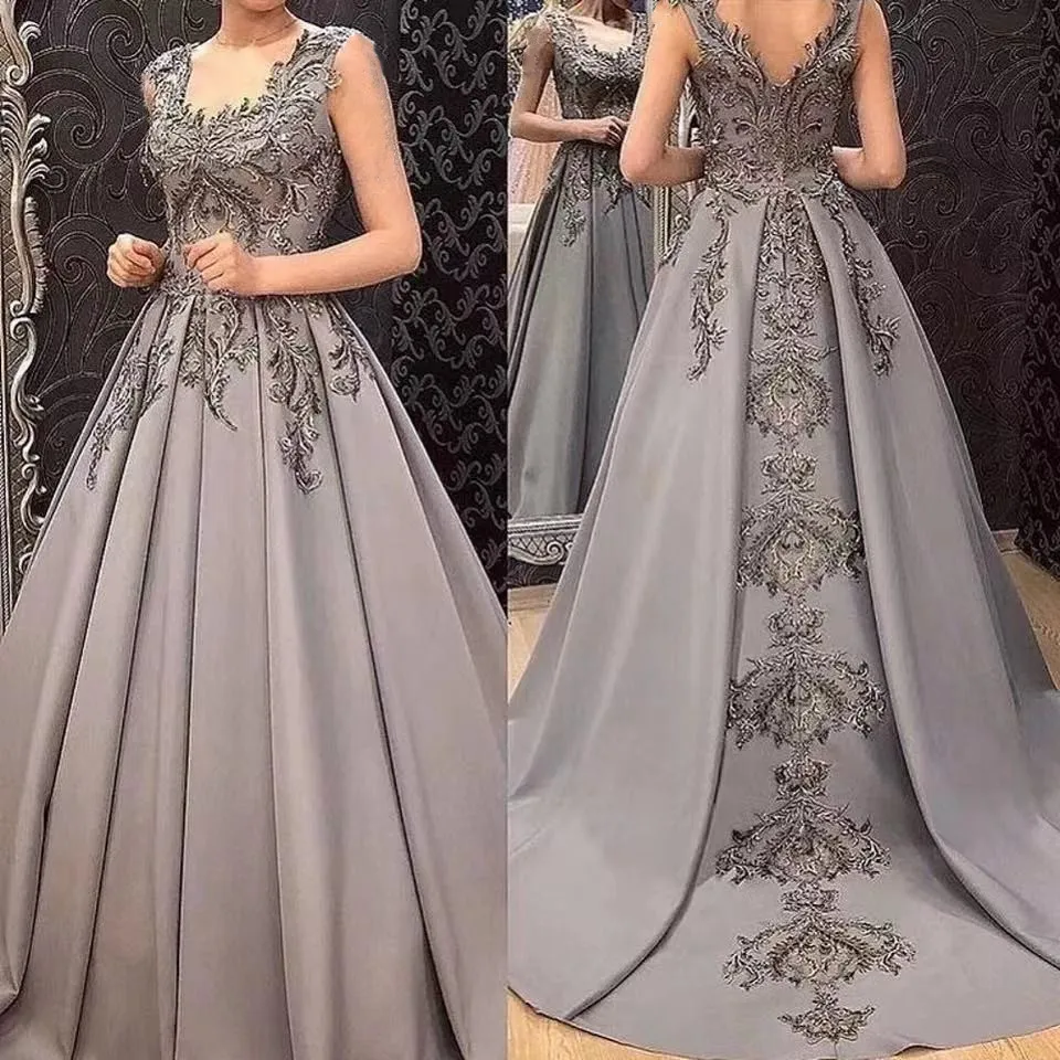 

Vinca Sunny Elegant Party Night Gray Satin Evening Dresses Long Women Robe De Soiree Appliques Sleeveless Prom vestidos de noche