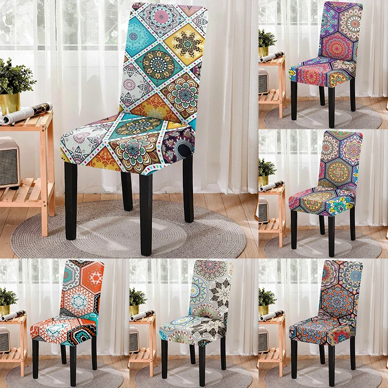 

Универсальные пыленепроницаемые Чехлы для обеденных стульев с принтом мандалы, протектор для стульев из спандекса геометрической серии дл...