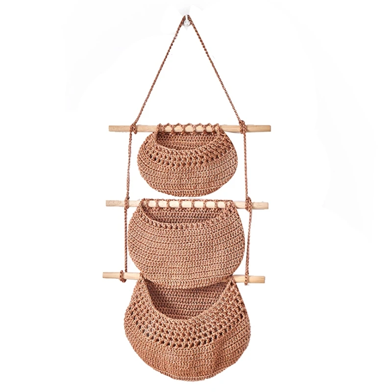 

Wall-Mounted Three-Tier Fruit Hanging Basket Bohemian Fruit Net Pocket Hand-Woven Rope Hanging Basket Flower Pot