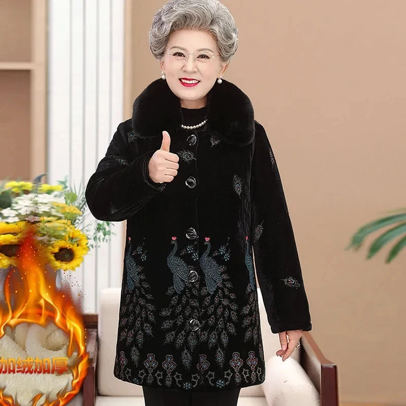 2023 Grandma's Parka Women's Long Cotton-Padded Coat Mother's Winter Velvet Padded Velvet Thickened Wool Collar Cotton Jacket