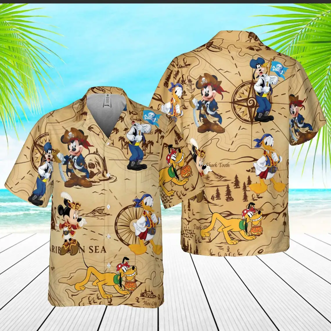 

Гавайская рубашка в стиле ретро с изображением пиратского Карибского Микки и друга, винтажная гавайская рубашка в стиле ретро с изображением пиратского Микки