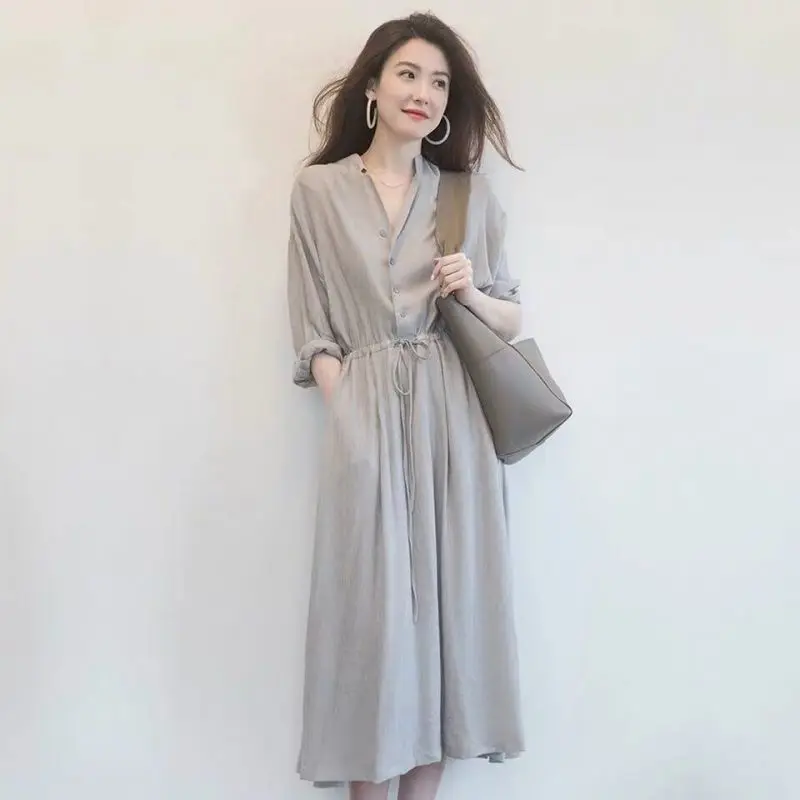

New Spring Summer Loose Midi Dress Women 's Solid Long Sleeve V-Neck Drawsting Dresses Black Vestido Feminino