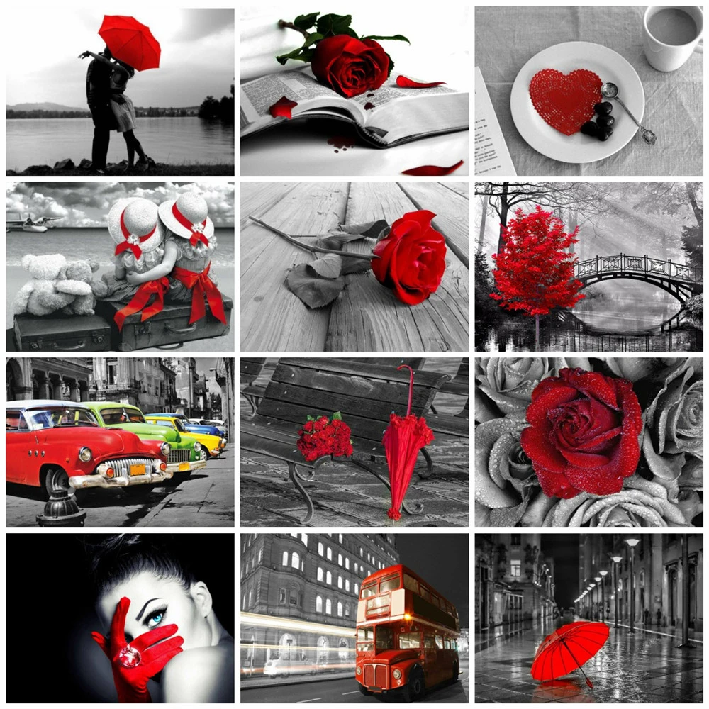 

DIY Diamond Mosaic Landscape Cross Stitch Diamond Painting Red Black Rhinestones Bead Picture Kits Home Decor Art