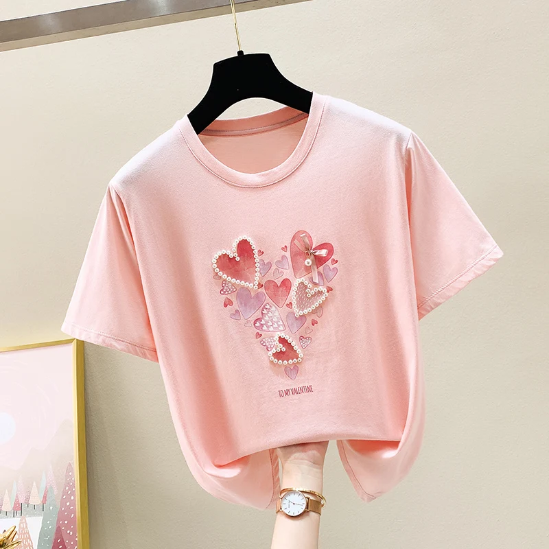 

Cotton Large Size Women's T-shirt Summer Casual Top Printing Short Sleeve New 2022 Tees Female Diamond O-Neck Loose Clothes