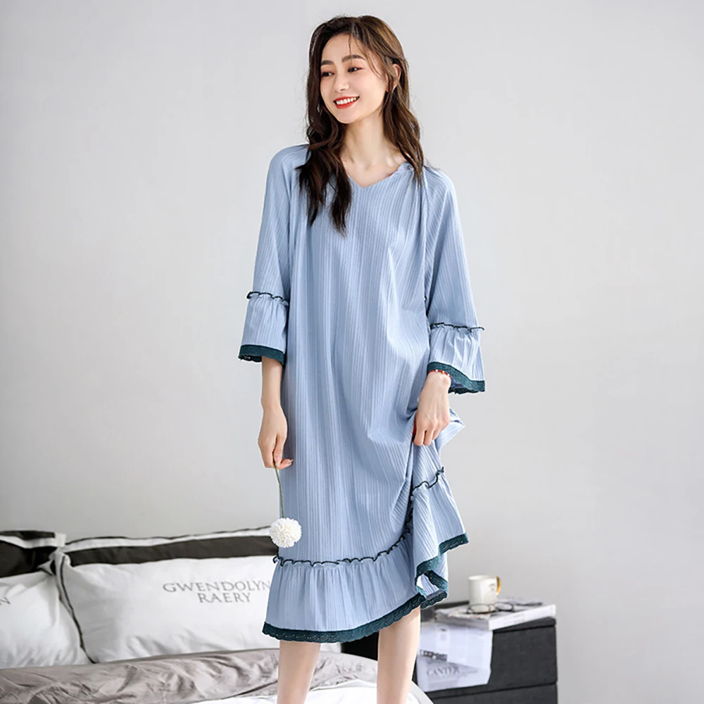 

100% Cotton Summer Women's Nightwear Elastic V Neck Sleepwear Lace Flare Sleeve Sweet Loose Ruffles Hem Night Dress Nightgown