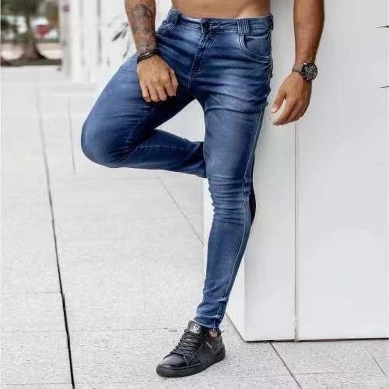 New Mens Jeans Pants Trend High Waist Jeans Men Fashion Slim Black Jeans Full Length Pencil Pants Casual Trousers