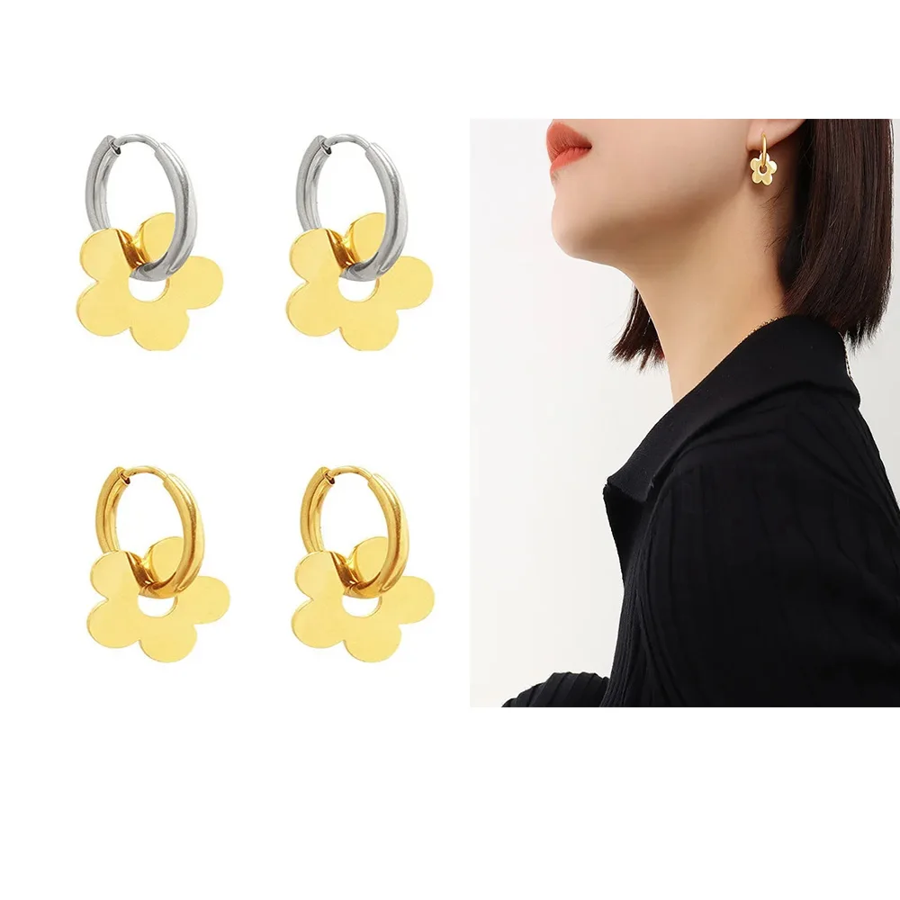 

Cute Romantic Flower Earrings Stainless Steel Gold Color Huggie Round Hoop Earrings Hypoallergenic Ear Jewelry Women brinco