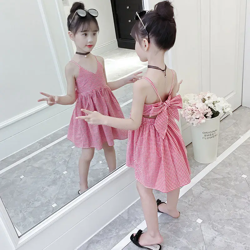 2022 г. летнее милое элегантное платье для девочек красный сарафан в клетку