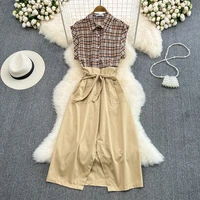 womens 2022 two piece set cotton linen blouse shirt ruffle bow tie split maxi skirt summer fashion casual dress skirts sets