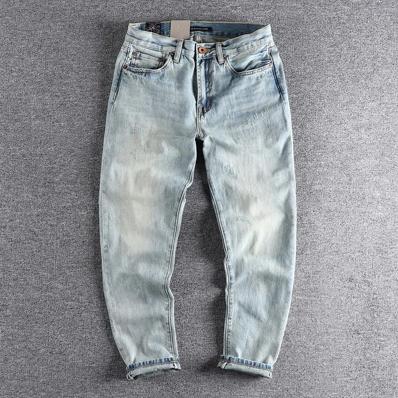 

Heavy washing in autumn to make worn Bai Qian blue jeans men slim small straight joker youth casual pants tide