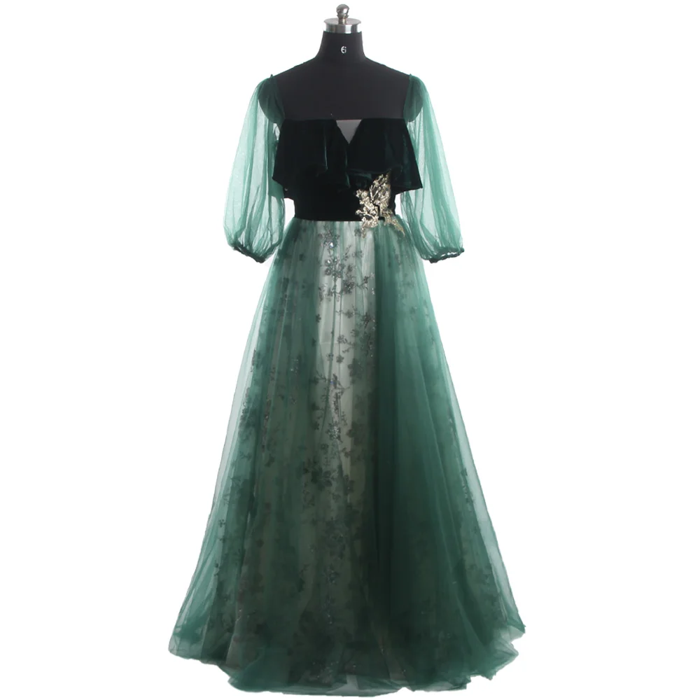 

Evening Dresses Green Velour Tulle Square Collar Half Sleeves Ruffles Appliques A-Line Pleat Floor Length Plus Party Dress R1261