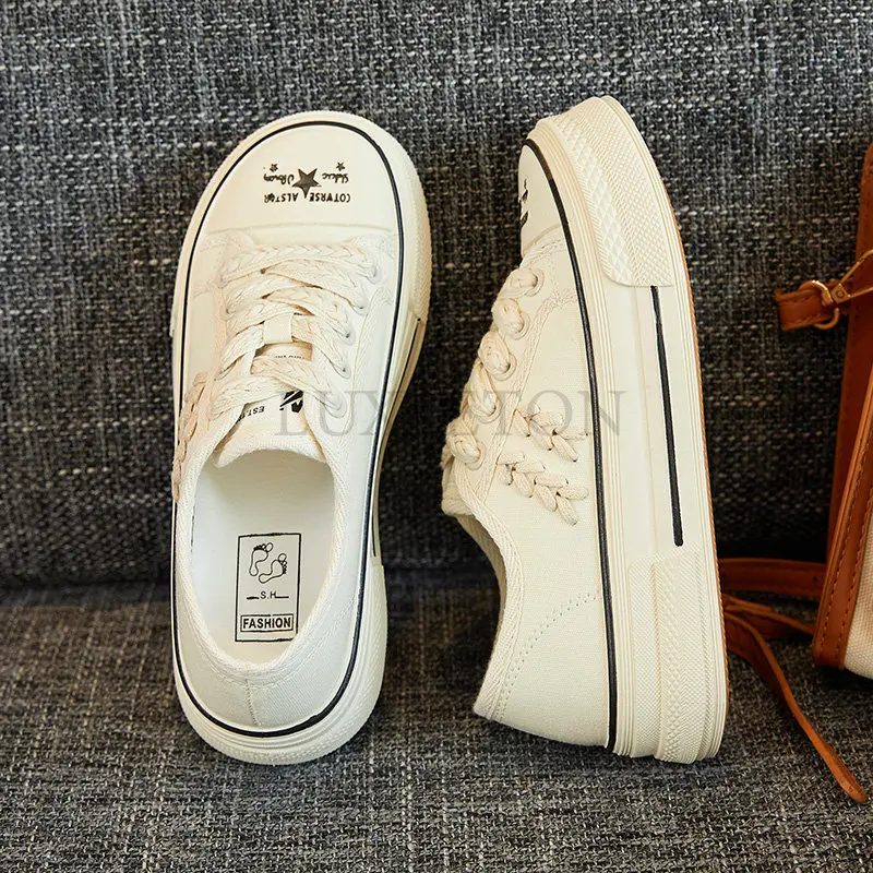 Thick Bottom Canvas Shoes Women's Sneakers Platform Flat Lace Up Casual Shoes Big Size Mixed Color Outside Runway Footwear Mujer