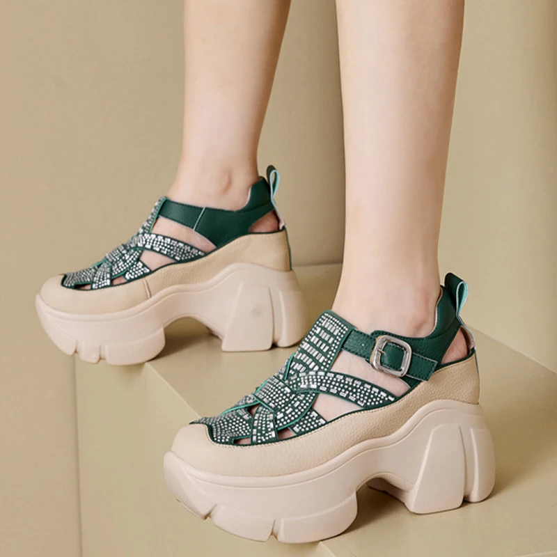 8.5cm Chunky Sneakers Genuine Leather Slide Summer Ankle Rhinestones Hollow Women Platform Sandals Wedge Breathable Female Shoes