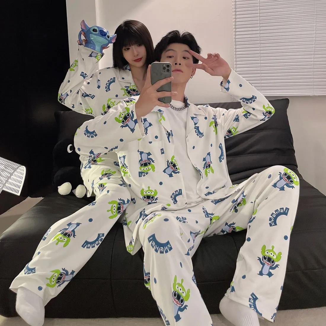 Disney Stitch Sleepwear Cartoon Cotton Pajamas Set for Women Men Couples Long Pants Loungewear Fashion Home Clothing Homewear