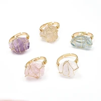 5pcs fashion golden wire wrap irregular natural amethysts quartzs crystal stone women rings adjustable finger rings size 9