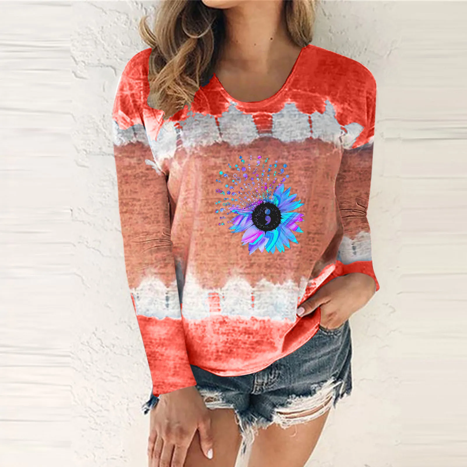 

Womens Casual Fashion Round Neck Tie Dye Sunflower Printing Long Sleeve T Shirt Blouse Tops Workout Shirts Women