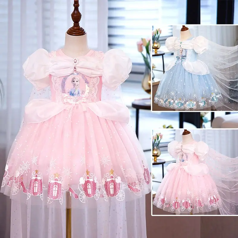Летнее милое платье принцессы Эльзы Disney с коротким рукавом/длинным рукавом для