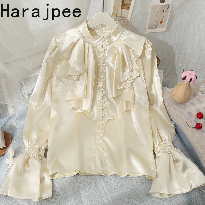 

Harajpee Women Shirt Ruffles Stand Collar Flare Sleeve Retro Palace Style Solid Elegant Spring New Blouse Commute Loose Tops