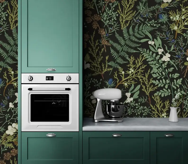 

Dark Botanical Wallpaper Peel & Stick, Dark Green Fern Wallpaper, Self Adhesive Removable Vintage Greenery Wallpaper Bathroom, W