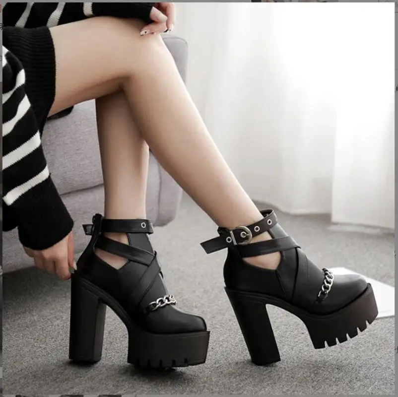New sexy High heels Fashion Ankle Boots For Women High Heels Casual Cut-outs Buckle Round Toe Chain Thick Heels Platform Shoes