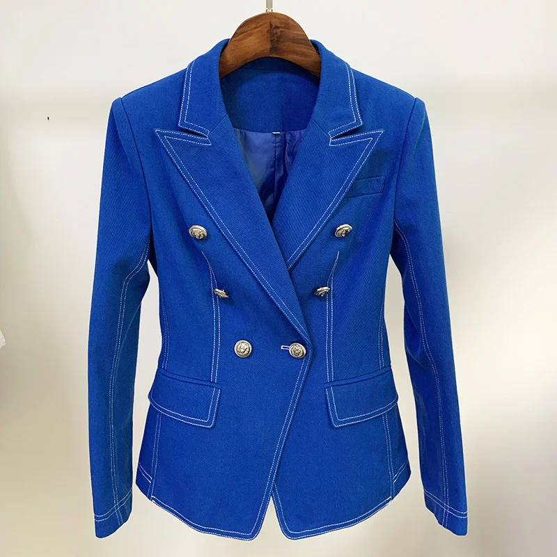 Fall Winter 2022 Blue Blazer Women Jacket Silver Double Breasted Buttons Decorative Slim Work Denim Suit Jacket Women's Blazer