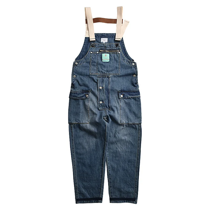 

Distressed Blue Denim Overalls Men's Work Cargo Pants Old School Easy Chic Worker Multi-Pocket Bib Trousers Men Casual Dad Jeans