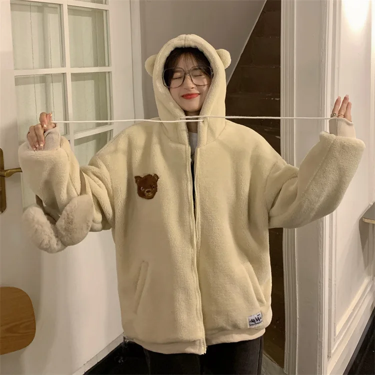 Faux Lamb Wool Coat Female Lamb Cashmere Hooded Sweater Cute Girl Autumn  Winter Clothing Thickened Warm Long Sleeved Clothes