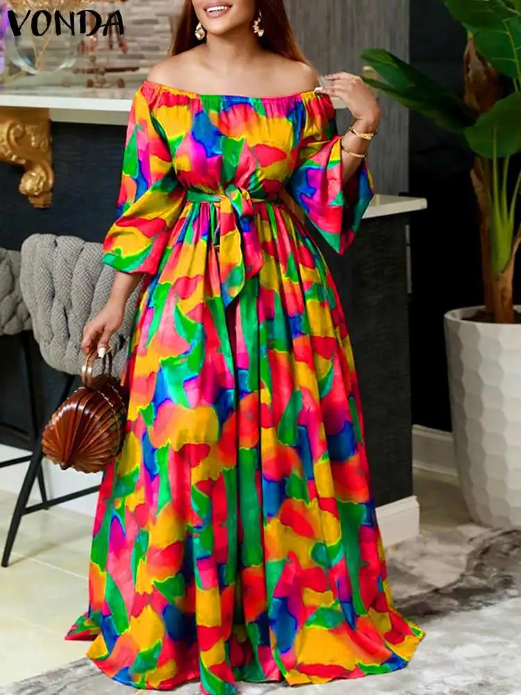 

2023 летнее Сексуальное Женское Платье VONDA с открытыми плечами, Макси Сарафан с богемным цветочным принтом, женское платье с поясом и длинным рукавом-фонариком