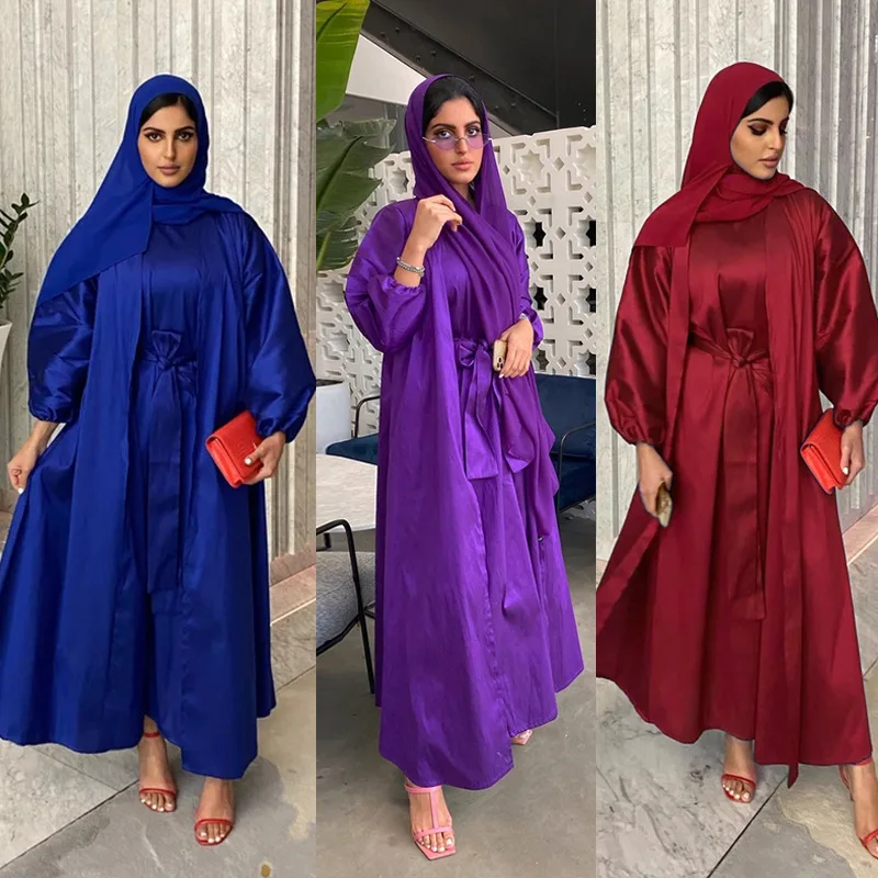 2pcs Fashionable Muslim Dubai Türkiye Arab Islamic Eid Al-Fitr Women's Comfortable Silk Dress Two-piece Set