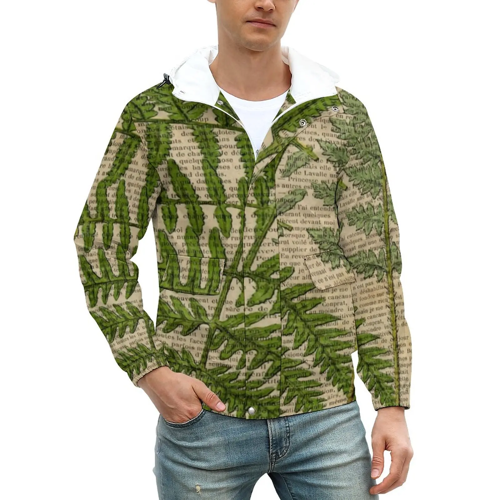 

Винтажные повседневные куртки в виде газеты, мужские пальто с принтом листьев папоротника, осенняя уличная одежда, куртка с капюшоном, верх...