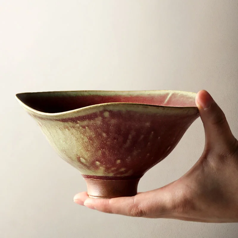 

Handmade Stoneware Bowl Retro Ceramic Tall Fruit Snack Plate Household Art Retro Rice Noodle Soup Salad Bowl Tableware C737