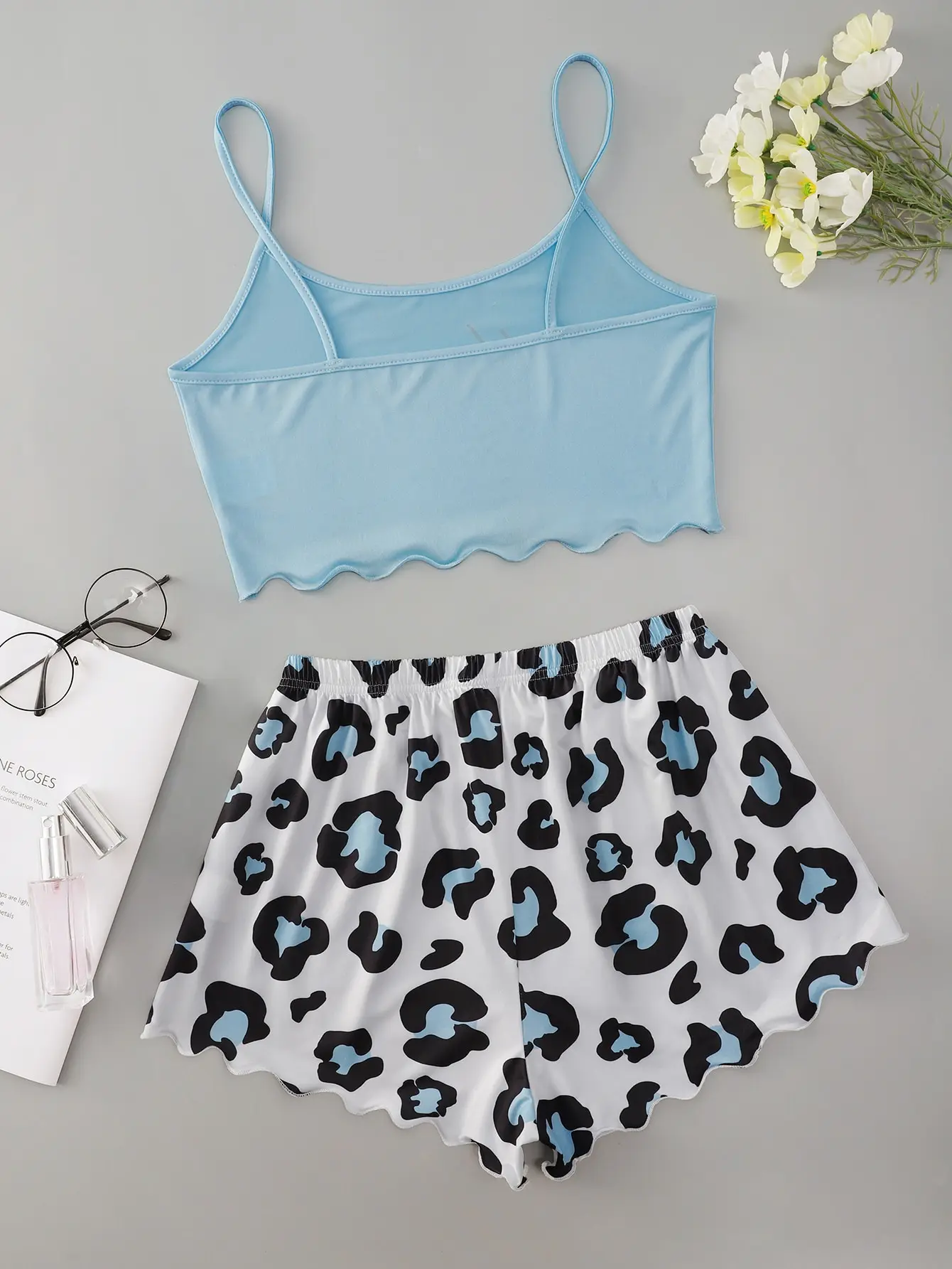 Monogrammed Floral Halter Tops and Leopard Print Bow Upholstered Shorts Housecoat Pajama Set