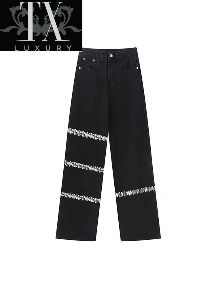 

2022 New Women Fashion Y2k Harajuku Gothic Wide Leg Jeans High Waist Black Denim Long Trouser Plus Print Pants Streetwear Design