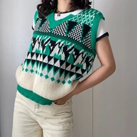 womens knitted sweater vest v neck sleeveless geometric fruit printed loose pullover autumn sweater outerwear