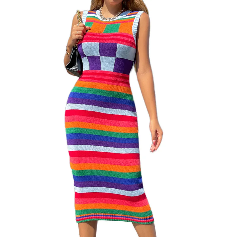 

Sexy Colorful Patchwork Knitted Elegant Midi Dress Women Sleeveless Skinny Hipster Aesthetic Robe Streetwear Female Vestido