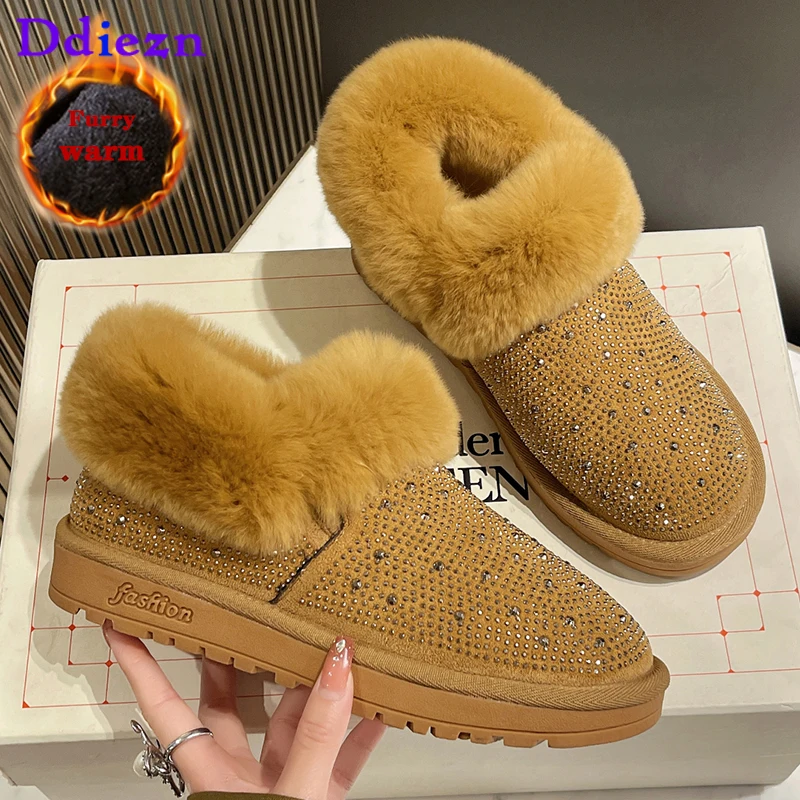 

2023 модная женская обувь, резиновые теплые меховые короткие зимние ботинки до лодыжки, повседневные уличные роскошные ботинки с круглым нос...