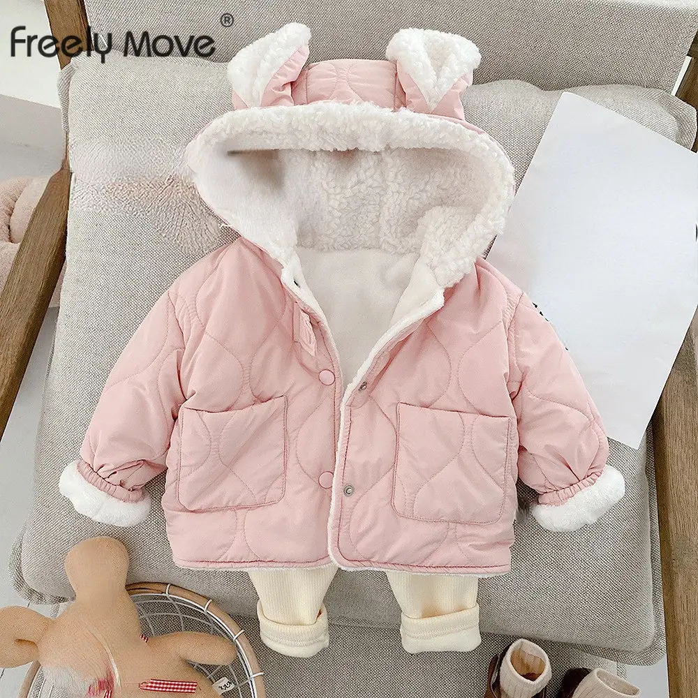 

Freely Move Kids Cotton Clothing Thickened Down Girls Jacket Baby Children Winter Warm Coat Cartoon Hooded Costume Girls Outwear